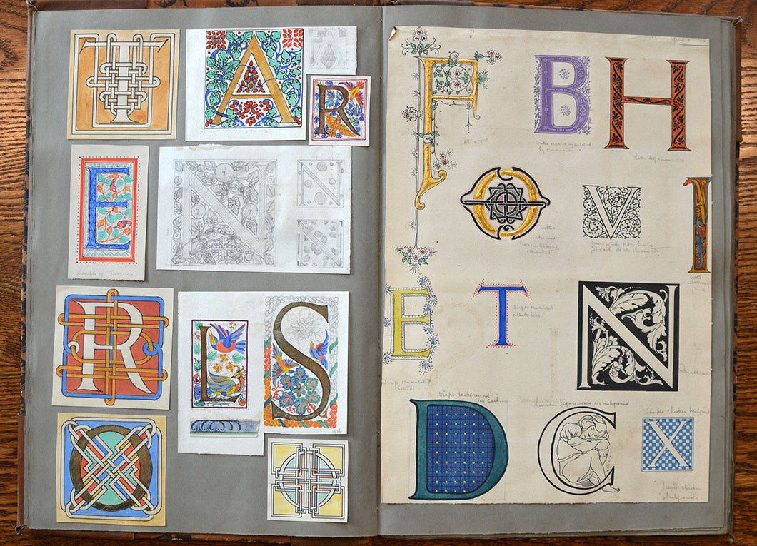 [Mildred Ratcliffe] Album of original illuminated initials, designs, leaves, and miniatures